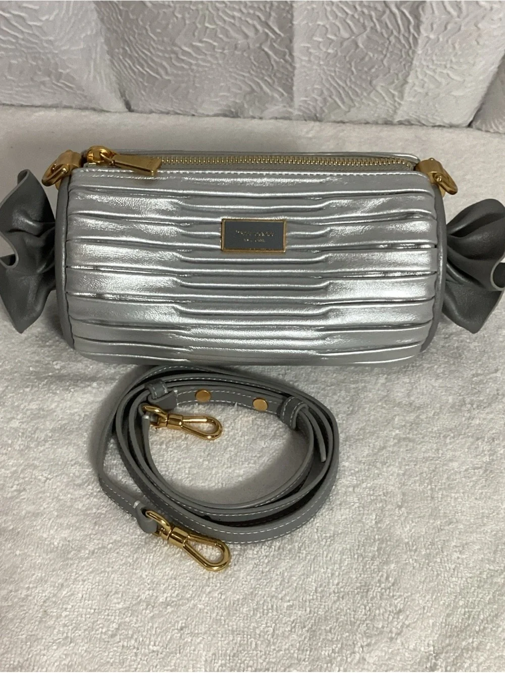 Kate Spade Sweet Treats Pleated Silver Leather Small Barrel Novelty Bag
